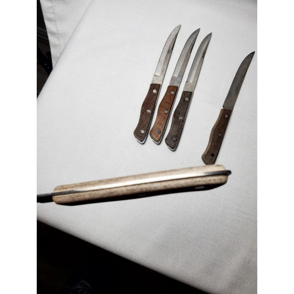 Vintage Maxam Steel Steak Knife Set 6pc Serrated Blades Japan Wood Handles
